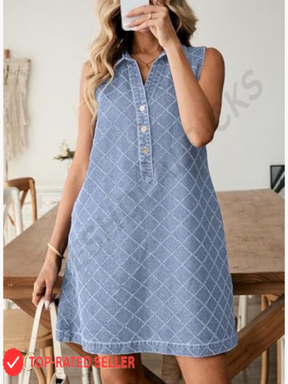 Denim Mini Dress Sleeveless V Neck Button Front Casual Shift with Pockets - Picture 5 of 7